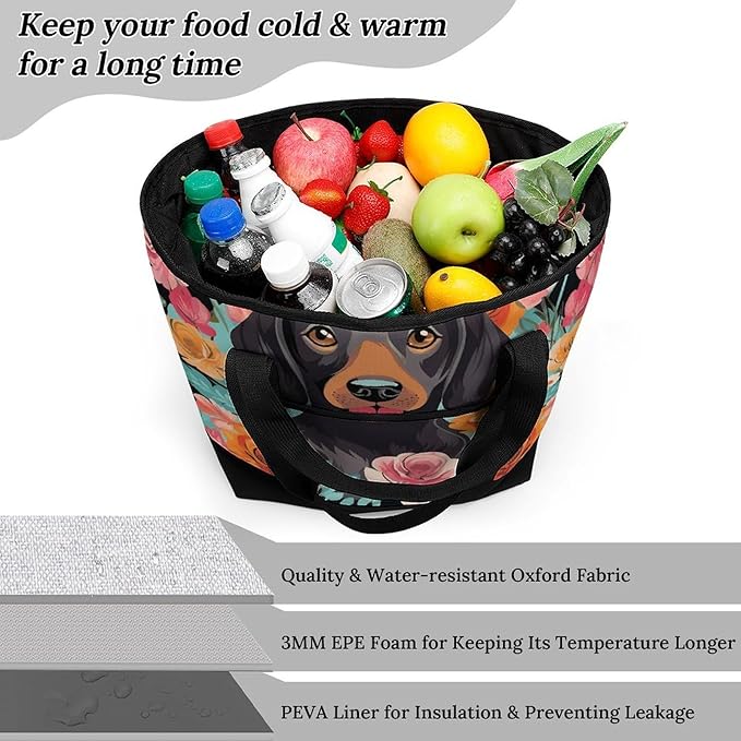 Insulated Shopping BagLarge Reusable Cooler Bags Dog Floral Printed Foldable Shopping BagTravel Waterproof Shoulder Bag