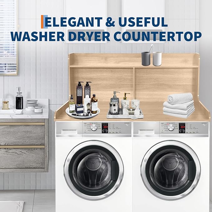 2 Tier Washer Dryer Countertop with Shelf54x27.5in Waterproof Wood Organizer Rack with StorageSpace-Saving Leader for Laundry RoomNatural Wood