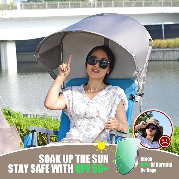 Universal Chair Umbrella Canopy UPF 50+ Chair Sun Shade Attachment with Adjustable Clamp Fits Most Brands’ Beach Camping Lawn Wheelchair Tanning Zero Gravity Lounge Fishing Chairs Patented