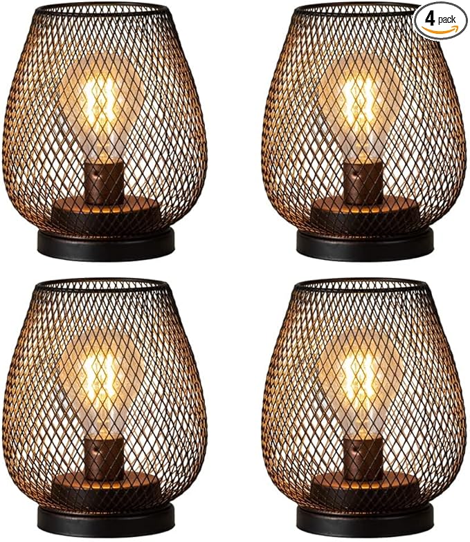 NEEDOMO Battery Operated Lamp Table Powered Lantern Set of 4 Metal Cage Cordless Lamps with LED Bulb Vintage Decorative Outdoor Lantern for Weddings Parties Patio Events for Indoor Shelf Decor