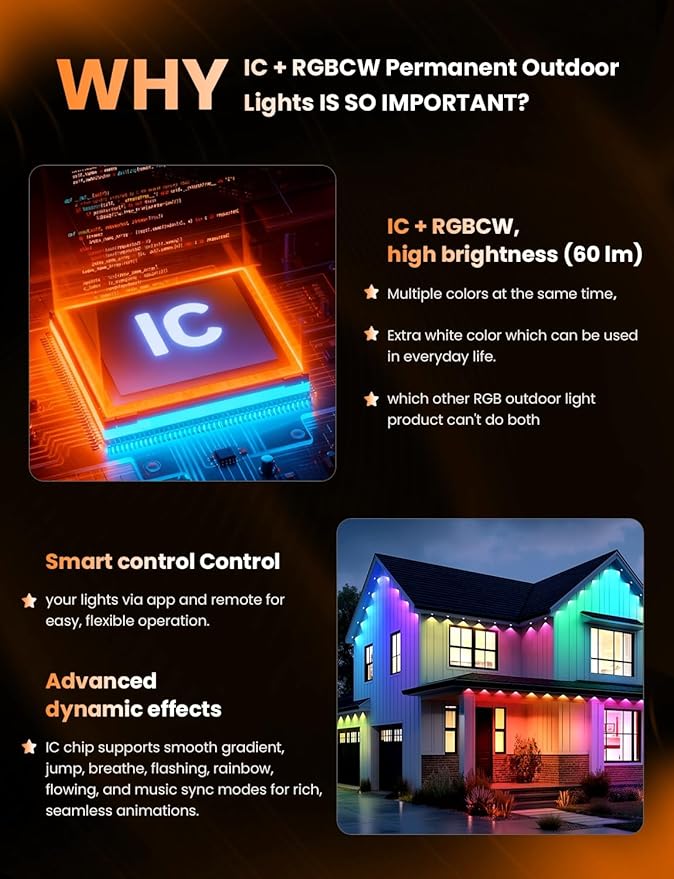 Permanent Outdoor Lights Pro 200ft with 100 LED Smart IC+RGBCW Christmas Halloween Eaves Lights for House Daily and Holiday Decor IP67 Waterproof with APP &amp Remote Control