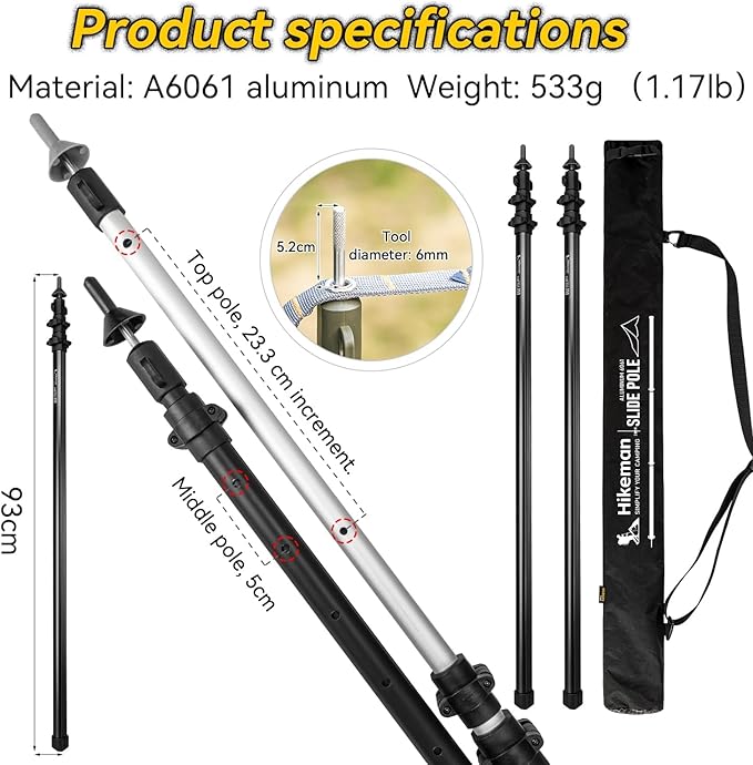 HIKEMAN Tarp Poles-Heavy Duty Aluminum Telescoping Tent Poles - Adjustable Set of 2 for Canopy Awning and Hiking