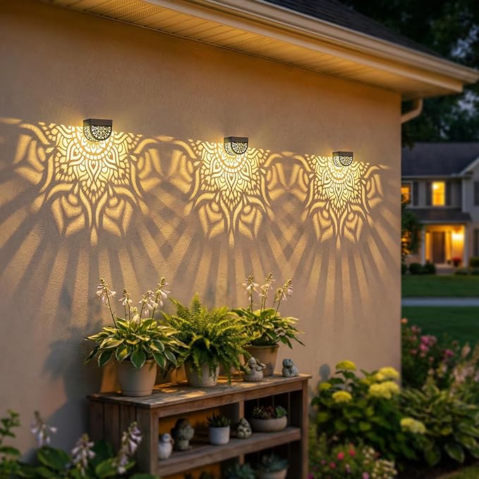 4 Pack Solar Fence Lights Outdoor Wall Lights Plastic Solar Powered Deck Step Stair Lights Mandala Theme Waterproof Fence Solar Light for Garden Post Patio Yard Decor Gardening Gifts for Women Mom