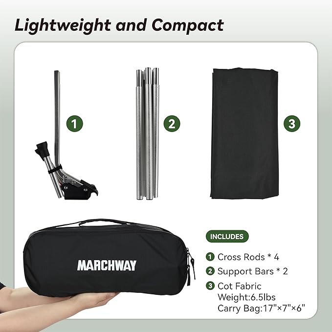 MARCHWAY Lightweight Folding Tent Camping Cot Bed with Lever Lock Easy Setup Portable Compact for Outdoor Travel Hunting Hiking Motorcycling Support 330Lbs (Black)