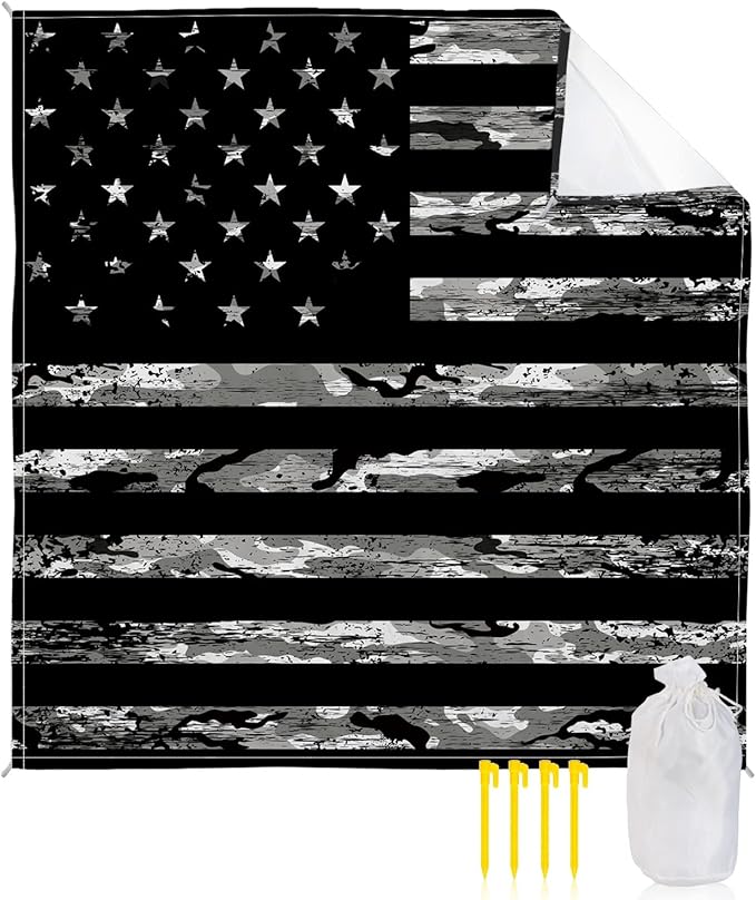 Beach Blanket Waterproof Sandproof OversizedAmerican Flag Independence Day Beach Mat with Corner Stakes Sand PocketsUSA Stars and Stripes Camouflages Outdoor Picnic Mat for Travel Camping95x80In