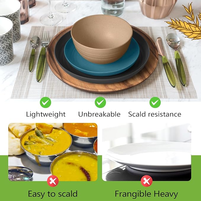Teivio 32-Piece Kitchen Plastic Wheat Straw Dinnerware Set Service for 8 Dinner Plates Dessert Plate Cereal Bowls Cups Unbreakable Colorful Plastic Outdoor Camping Dishes Cerulean Hues