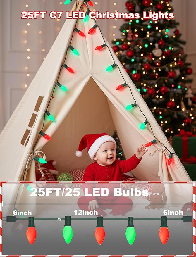 C7 Outdoor Christmas Lights - 25ft Red and Green Christmas Lights with 27 Ceramic Bulbs(2 Spare) Waterproof Extendable Christmas Tree Lights for Indoor Party Backyard Xmas LightGreen Wire