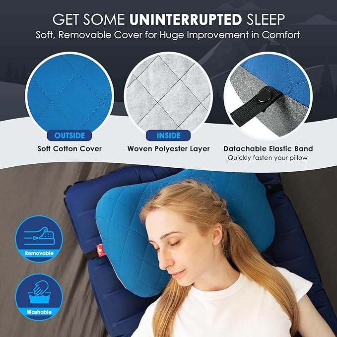 Hikenture Camping Pillow with Removable Cover - Ultralight Inflatable Pillow for Neck Lumbar Support - Upgrade Backpacking Pillow - Washable Travel Air Pillows for Camping Hiking Backpacking