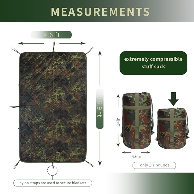 GRVCN Military Blanket - Camping Sleeping Bag with Zipper Poncho Liner Thermal Insulated Blanket Lightweight Portable Outdoor Hiking Survival Compression Carry Bag