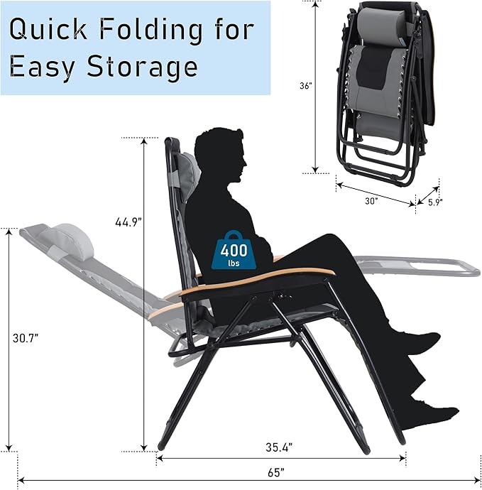 PHI VILLA XXL Oversized Padded Zero Gravity Chair Set of 2 Foldable Patio Recliner 30 Wide Seat Anti Gravity Lounger with Armrest and Cup Holder Support 400 LBS (Grey)