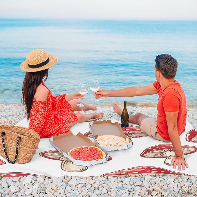 Waterproof Sandproof Beach Blanket 59''×68'' Vegetables Mushrooms Polyester Outdoor Picnic Blanket with 4 Stakes &amp Storage Bag for BeachCampingVacation Red