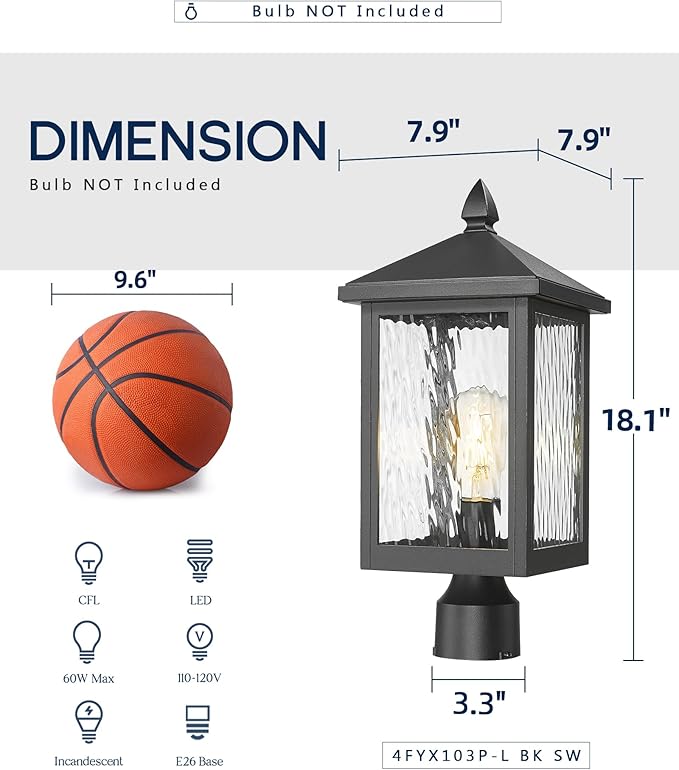 FEMILA Outdoor Post Lights 19 Aluminum Glass Lamp Posts Outdoor Lighting for Yard Pathway Entrance 4FYX103P-L BK SW