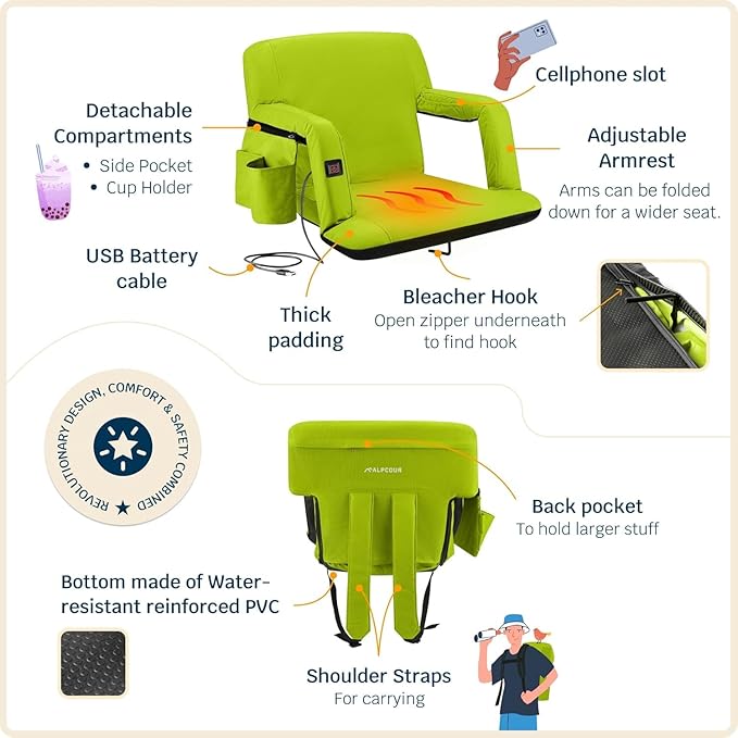 Alpcour Heated Reclining Stadium Seat for Bleachers – Wide Bleacher Chair with Back Support and Cushion Armrests Side Pockets &amp Hook – Stadium Seats Chairs for Camping Kayak Paddle Board &amp