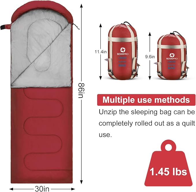 ECOOPRO Warm Weather Sleeping Bag - Portable Waterproof Compact Lightweight Comfort with Compression Sack - Great for Outdoor Camping Backpacking &amp Hiking-83 L x 30 W Fits Adults