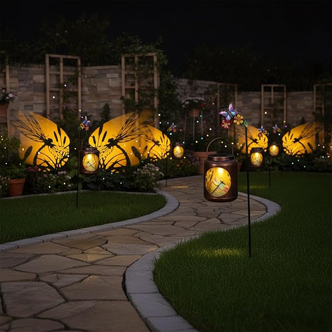 Dragonfly Patterns Metal Solar Lantern with Resin Dragonfly InsideOutdoor Garden Decor with Shepherds Hook for Yard Patio Backyard PorchGifts for Mom Women Grandma
