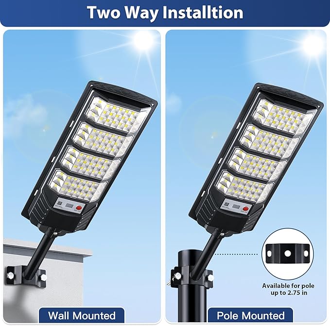2 Pack Solar Street Lights Outdoor Waterproof6500K LED Motion Sensor LightsDusk to Dawn Solar Flood Lights with RemoteParking Lot LightCommercial Area Lighting for Outside