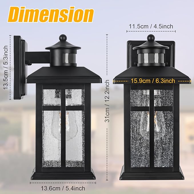 Motion Sensor Outdoor Wall Lights 2 Packs- Updated Dusk to Dawn Outdoor Lighting Exterior Light Fixtures with E26 Sockets &amp Tempered Glass Wall Mounted Black Waterproof Outdoor Lights for House