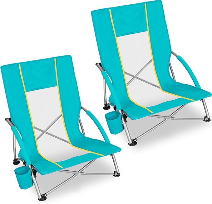 Romswi Low Beach Chairs for Adults 2 Pack Lightweight Folding Sand Chairs with Breathable Mesh Back &amp Cup Holder Portable Compact Camping Chairs 400lbs CapacityGreen