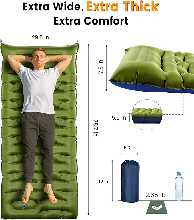 Camping Sleeping Pad5.9 Inch Thick Camping Mat with Built in Pillow and Foot PumpSelf Inflating Sleeping Pad for Camping Backpacking（Green