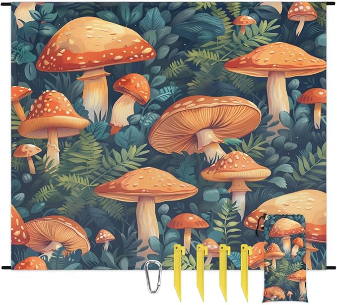 Waterproof Sandproof Beach Blanket 59''×68'' Vegetables Polyester Outdoor Picnic Blanket with 4 Stakes &amp Storage Bag for BeachCampingVacation Umbrella Mushrooms