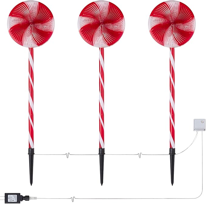 Alpine Corporation 28 Tall Outdoor Christmas Candy Cane Pathway Stake Lights with Multi-FunctionLED Set of 3 Festive Lawn and Garden Holiday Decor Red and White