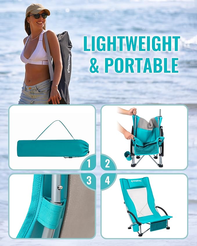 KingCamp Low Beach Chair High Back Folding Camping Chair for Adults Oversized Breathable Mesh Seat 300lbs Heavy Duty Portable Chair with Cup Holder &amp Storage Pockets for Beach Outdoor