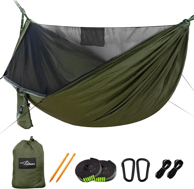 Camping Hammock with Mosquito Net and Ridge Rope Extra Large for 2 Person Lightweight Hanging Hammocks Tree Straps All-in-one Fast Open Hammock for Outside Hiking and Travel