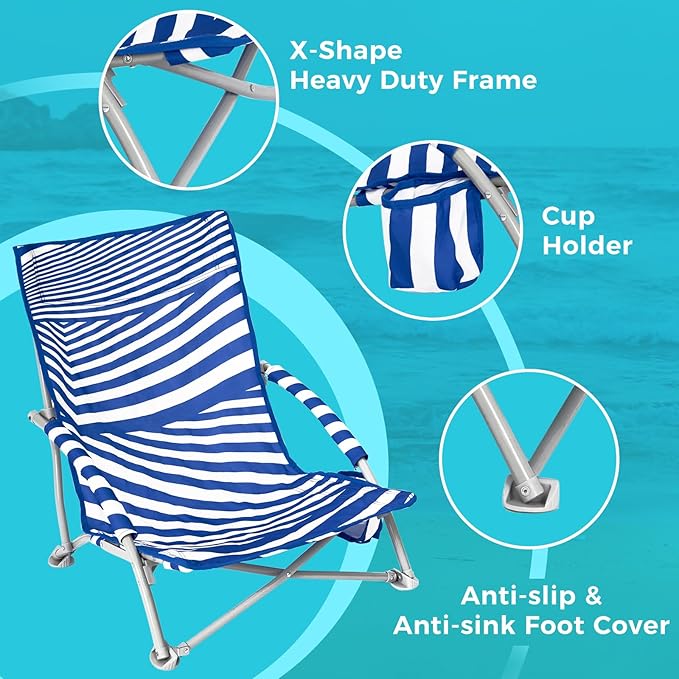#WEJOY Beach Chair with Backpack Straps Backpack Beach Chairs Heavy Duty High Back Lightweight Low Chair for Sand Lawn Support to 300lbs Blue