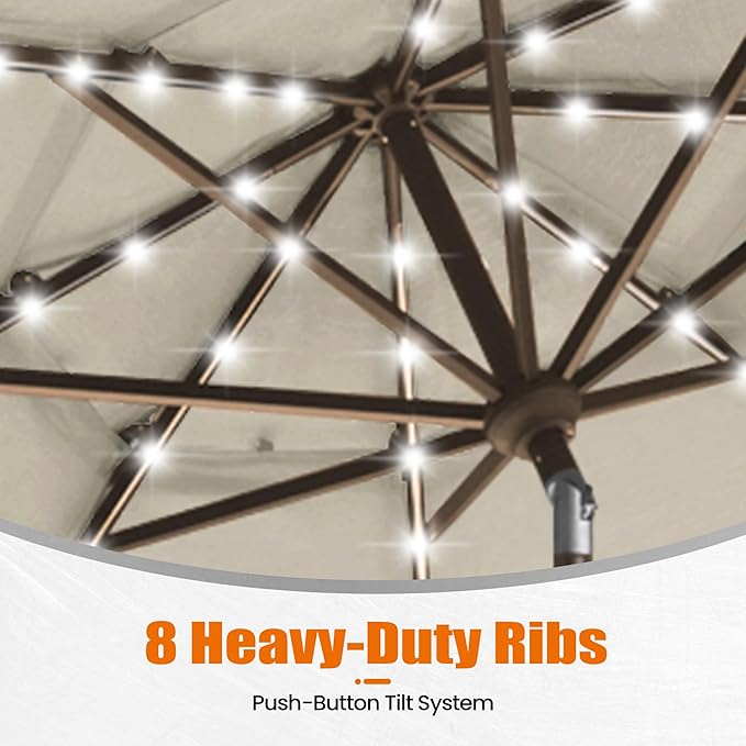 EliteShade USA 10-Year-Non-Fading 10Ft 3 Layers Market Umbrella with 80 LED Lights Patio Umbrella Outdoor Table Umbrella with Ventilation(Beige)