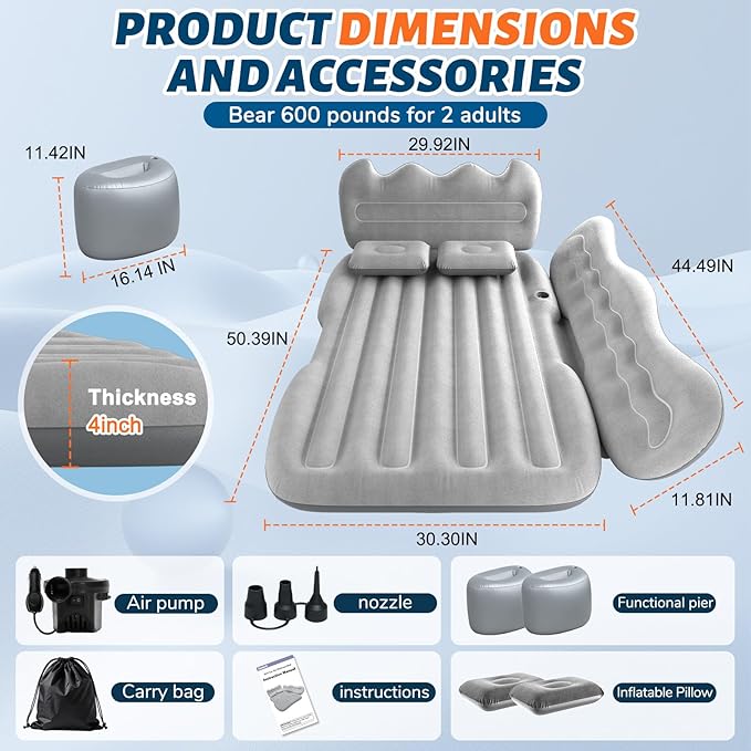 Thickened Inflatable Car Mattress for Back Seat - SUV Air Mattress Bed for Camping &amp Road Trips Portable Car Blow Up Mattress with Cup Holder 2 Pillows &amp Carry Bag - Grey