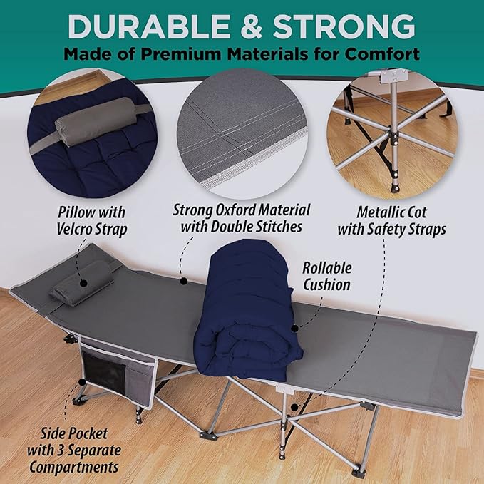 ZONETECH Folding Outdoor Camping Travel Cot and Pad - Premium Quality Lightweight Portable Heavy Duty Adult &amp Kids w/Large Pocket and Cushion (Gray &amp Blue 1-Pack)