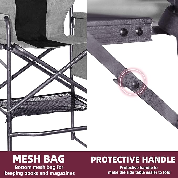 Tall Directors Chair 30 Seat Height Bar Height Folding Chair with Side Table Foldable Camping Chair with Side Pocket for Makeup Artist Sports Event Supports 400LBS - Black/Gray