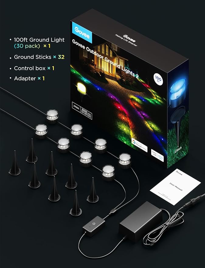 Govee Outdoor Ground Lights 2 100ft for Patio Decorations 30 Pack RGBIC Pathway with 100LM Warm White IP67 Waterproof for Garden Splitter Connector Works with Alexa Google Assistant