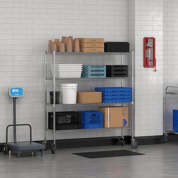 Commercial NSF Listed Chrome Mobile Wire Shelving Kit 14 x 54 x 60 with 4 Shelves Perfect for Warehouse Walk-in Refrigerator Freezer Grocery Store Restaurant Dishroom