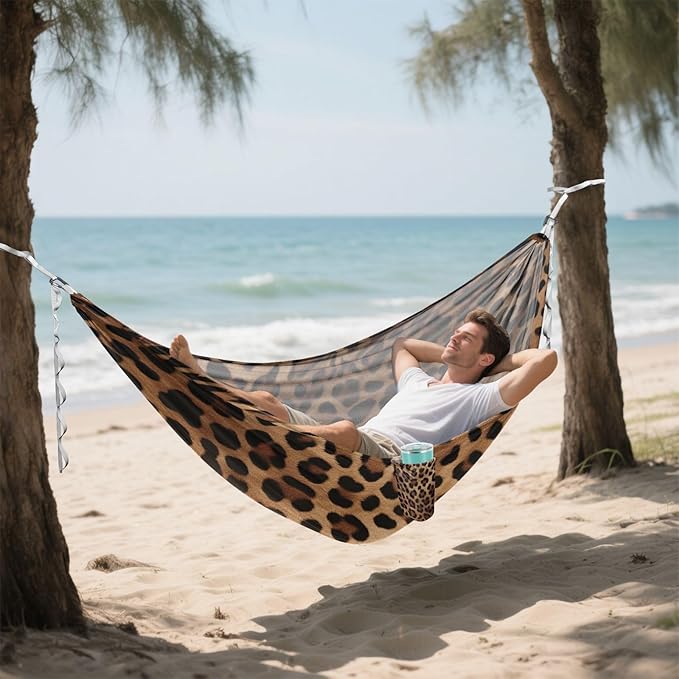 Leopard Print Camping Hammock 330 lbs with 2 Tree Straps Carry Bag Single Portable Hammock for Outdoor/Indoor Hiking Beach Backpacking Travel