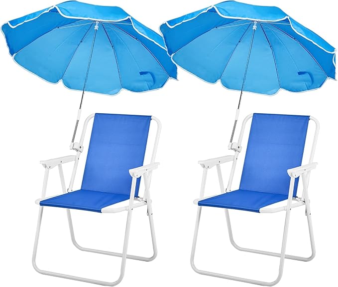 Folding Beach Chair with Umbrella – Portable Lightweight Lounge Chair for Adults with High Back &amp Heavy-Duty Frame UPF Sun Protection for Beach Camping Park Concerts (Blue)