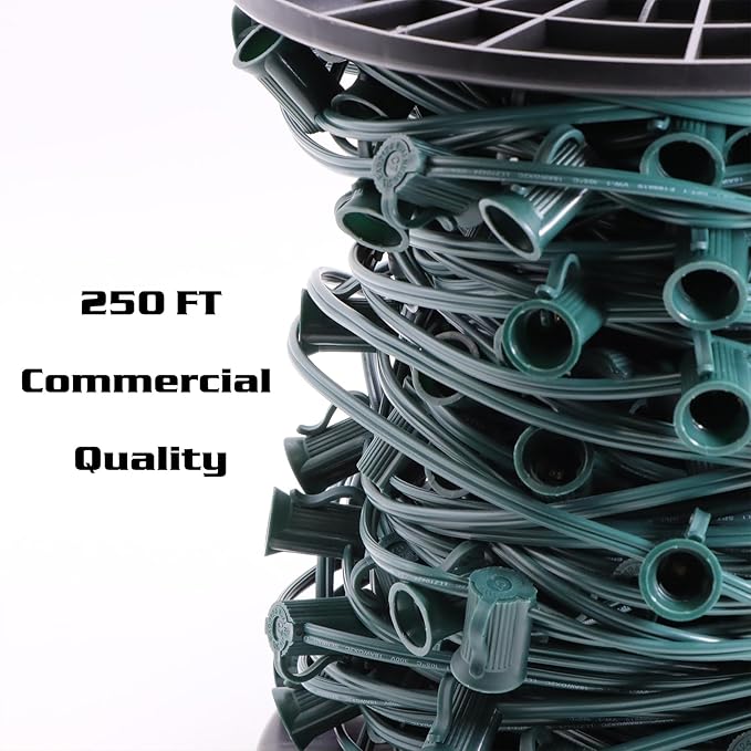 250FT C7 Light String Christmas Stringer E12 Christmas Sockets 12 Spacing C7 Stringer Set Green Outdoor String Light for Wedding Patio Event Lighting Decor Green Wire