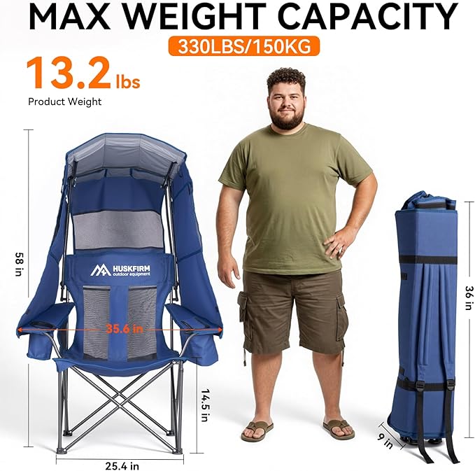 Camping Chair with Canopy Shade - Folding Beach Chair with UPF 50+ Sun Shade Cup Holder Side Pocket Portable Sports Chair for Adults Support 330 LBS Fishing Camp Outdoor Lawn Chair - Blue