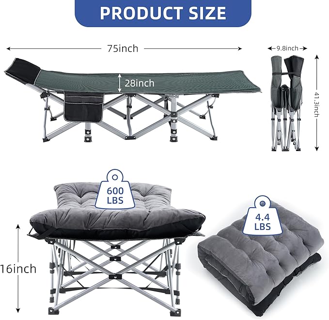 Camping Cot Sleeping Cots for Adults Portable Camping cots with Mattress Pillow and Carry Bag 1200D Double Layer Oxford 600 LBS Weight Capacity Cots for Sleeping(Grey+Black)