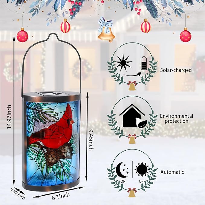 MUMTOP Hanging Solar Lanterns Outdoor Waterproof Christmas Lantern Cardinal Solar Lights Outdoor Decorative Solar Lanterns Tabletop Lamp for Patio Garden Yard Christmas Decor