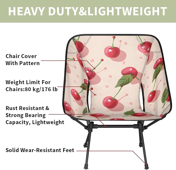 Honeybaby Folding Camping Chair Delicious Cherries Camping Chairs Lightweight Portable Chair Outdoor Foldable Chairs for Camping Travel Picnic Beach Hiking