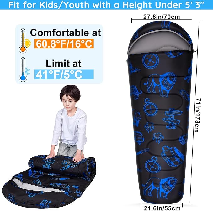 FIOBEE Kids Sleeping Bag for Girls Boys 3 Season Warm &amp Cool Weather Youth Camping Sleeping Bags with Backpacking Bag Waterproof for Traveling Hiking Indoor Outdoor Camping Essentials