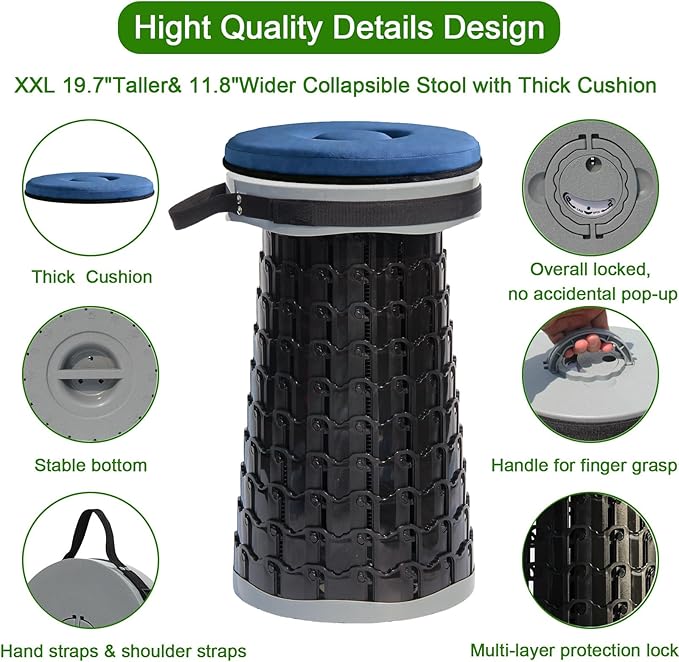 2026 Upgraded XXL Collapsible Stool with Thick Cushion19.7H-11.8D Telescoping Folding Stool for Adults More Sturdy Camping Stools with Load Capacity 1000lbs for OutdoorGardenFishingHiking