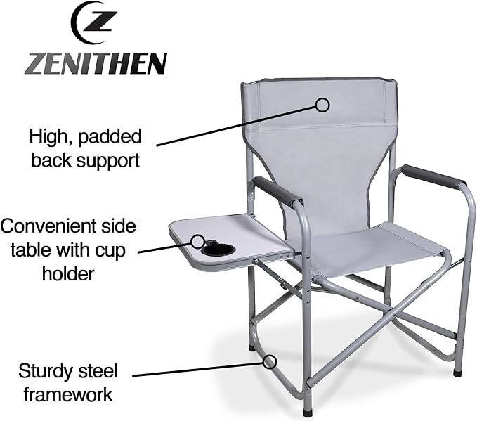 Zenithen Portable Outdoor Director's Folding Chair with Side Table Perfect for Sporting Events Outdoor Activities Camping Patio Furniture and Relaxing Light Grey