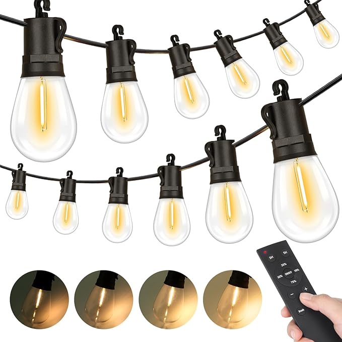 LED Outdoor String Lights 150FT Waterproof Patio Light with Remote &amp 48 Shatterproof Dimmable S14 Edison Bulbs(3 Spare) 3 Modes 2 Timer Outside Garden Lighting for Balcony Porch Party Christm