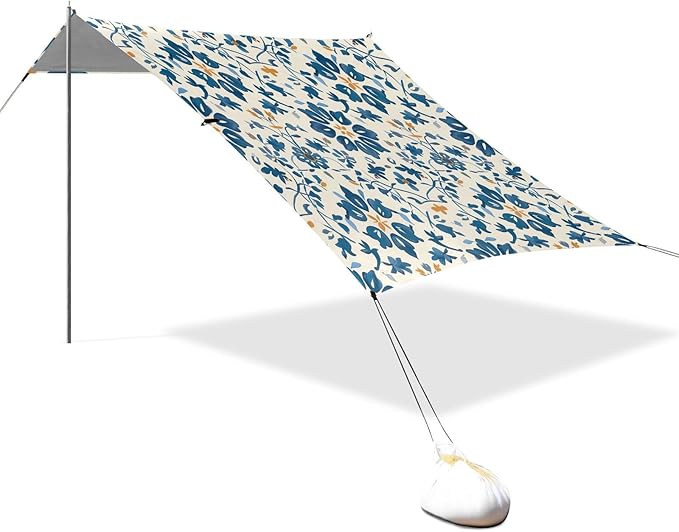 Traditional Floral Pattern Beach Tent Sun Shelter 9.2' x 10.5' Beach Canopy with 4 Sandbags 4 Stability Poles Sand Shovels - Tent Canopy for Beach Camping Fishing Picnics
