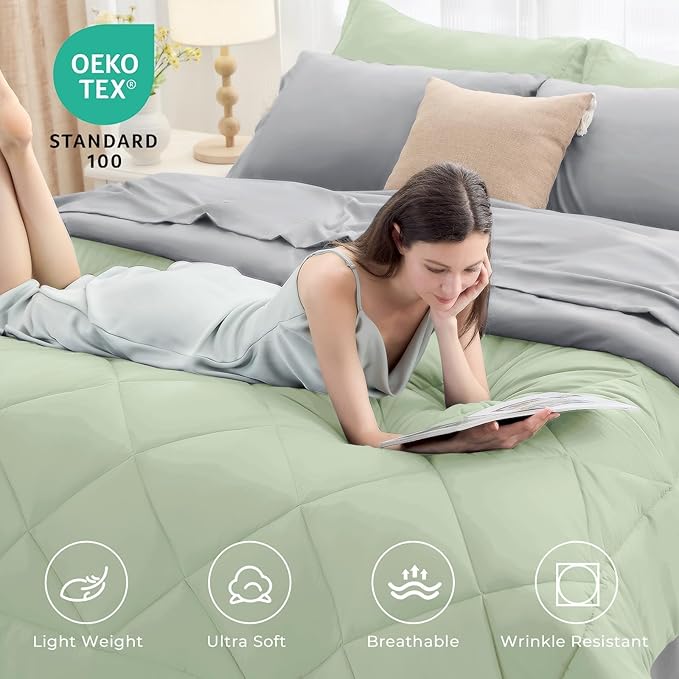 HEVUMYI Twin-XL Comforter Set - 5-Piece All Season Bed in a Bag Twin-XL Ultra Soft Bedding Set with Comforter Flat Sheet Fitted Sheet Pillowcases Pillow Shams Sage Green &amp Light Grey