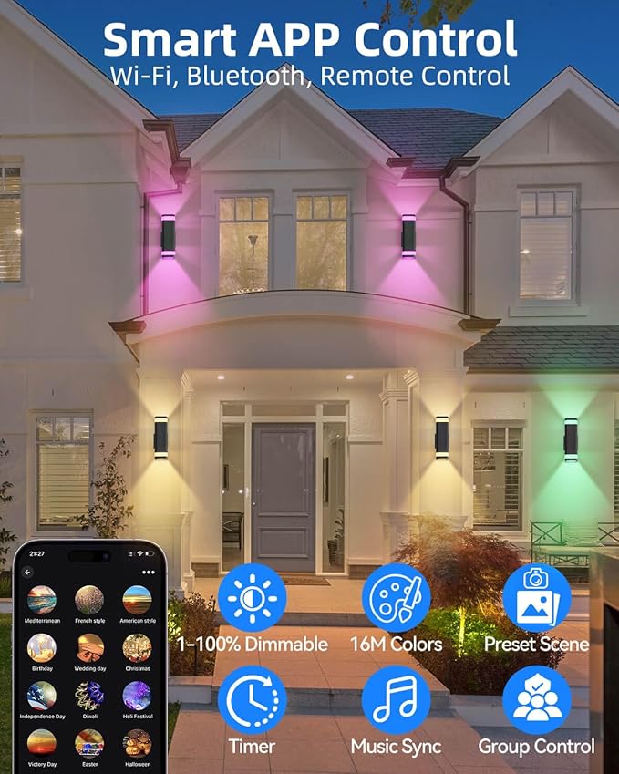 Smart Outdoor RGB Wall Lights 2 Pack Wi-Fi &amp App Control Color Changing Up and Down Wall Sconce with Remote Dusk to Dawn Waterproof Exterior Lighting Fixtures Works with Alexa Google Assistant