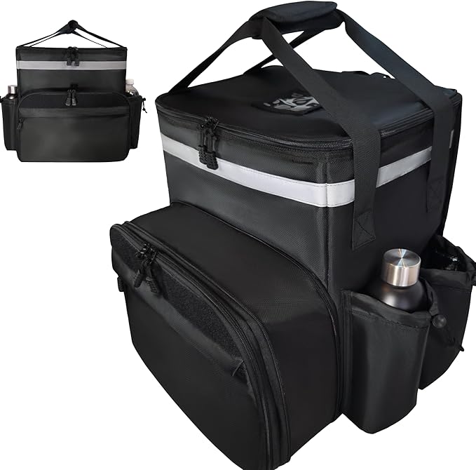 Insulated Food Delivery Backpack made with Expandable 1680D commercial-grade fabric features customizable Velcro patch area for branding ideal for bike deliveries Uber Eats DoorDash Grubhub