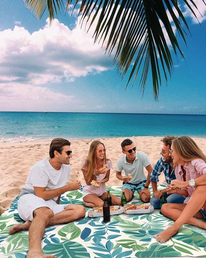 Summer Tropical Plant Beach Blanket Waterproof Sandproof Green Blue Leaf Pastoral Style Beach Mat Quick Drying Outdoor Picnic Mat 108 x 84 for 1-6 Adults Essentials for Travel Camping Hiking